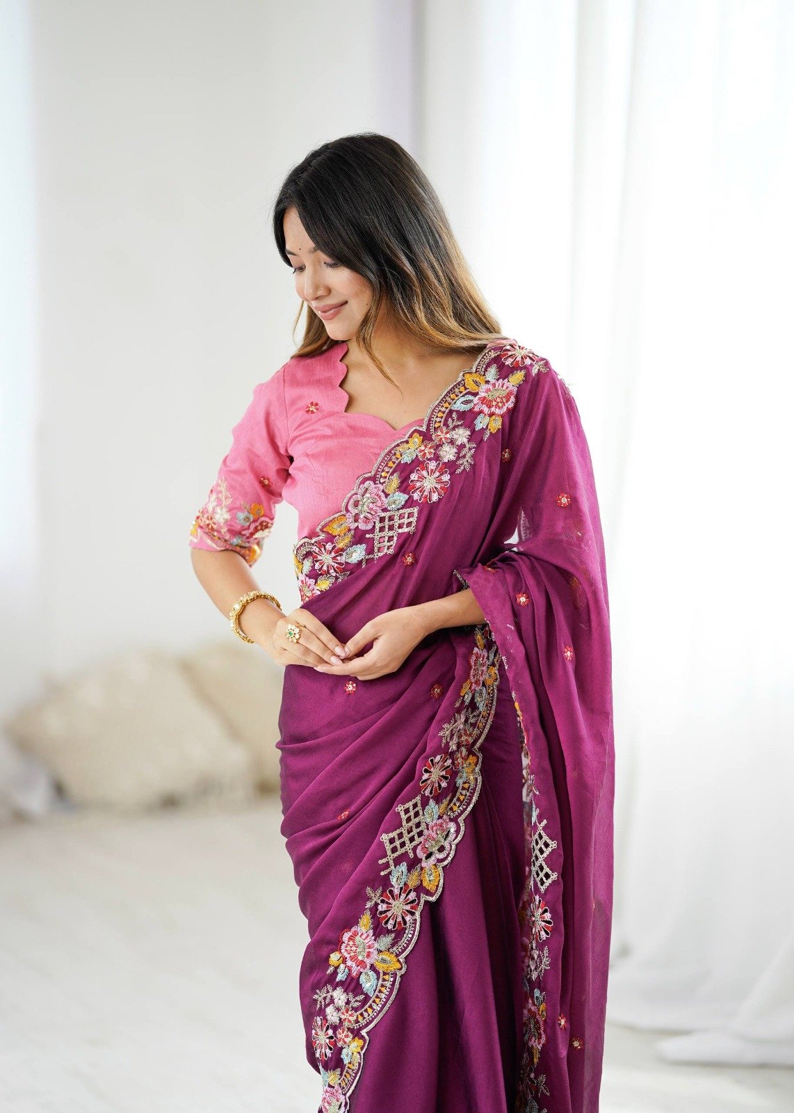 Wine Premium Noha Crush Sequins Work Saree - Image 4