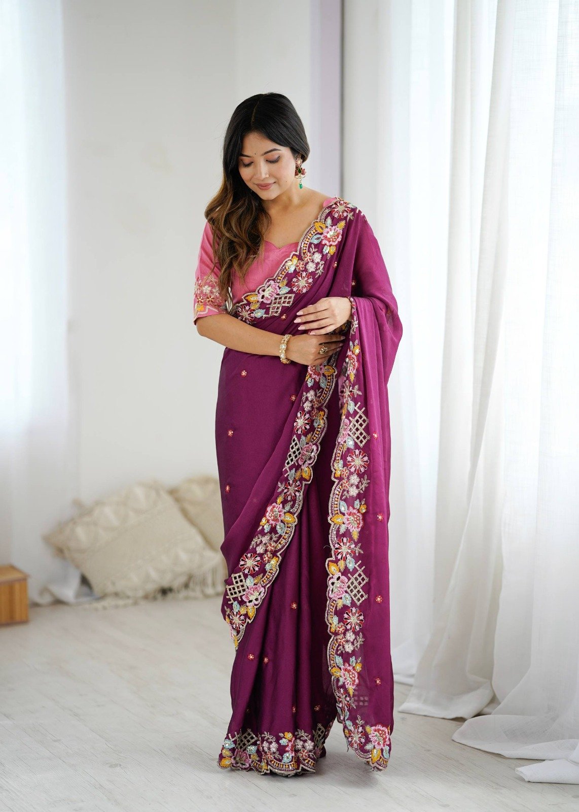 Wine Premium Noha Crush Sequins Work Saree - Image 2