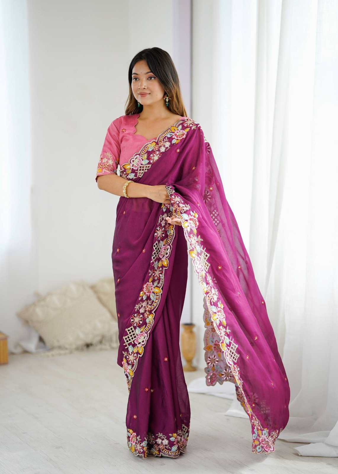 Wine Premium Noha Crush Sequins Work Saree