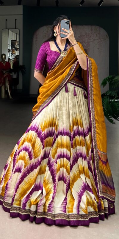 Wine Taser Silk Printed Lehenga Choli