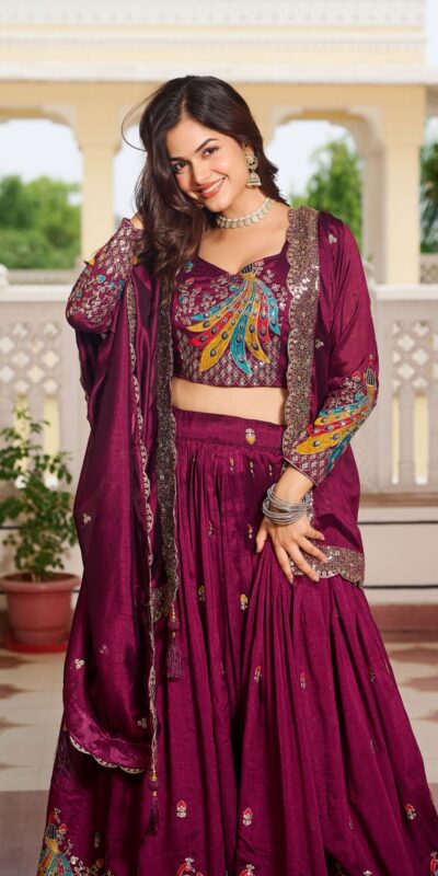 Ram 113 Wine Color Vichitra Lehenga Choli with Embroidery Work. Exclusive Offer ₹3099. Delivery 4-6 Working Days. Shop now. | Lehenga, Bollywood Lehenga, Creative Lehenga, Designer Lehenga, Embroidered Lehenga, Party Wear Lehenga