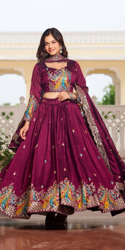 Wine Vichitra Embroidery Work Lehenga Choli