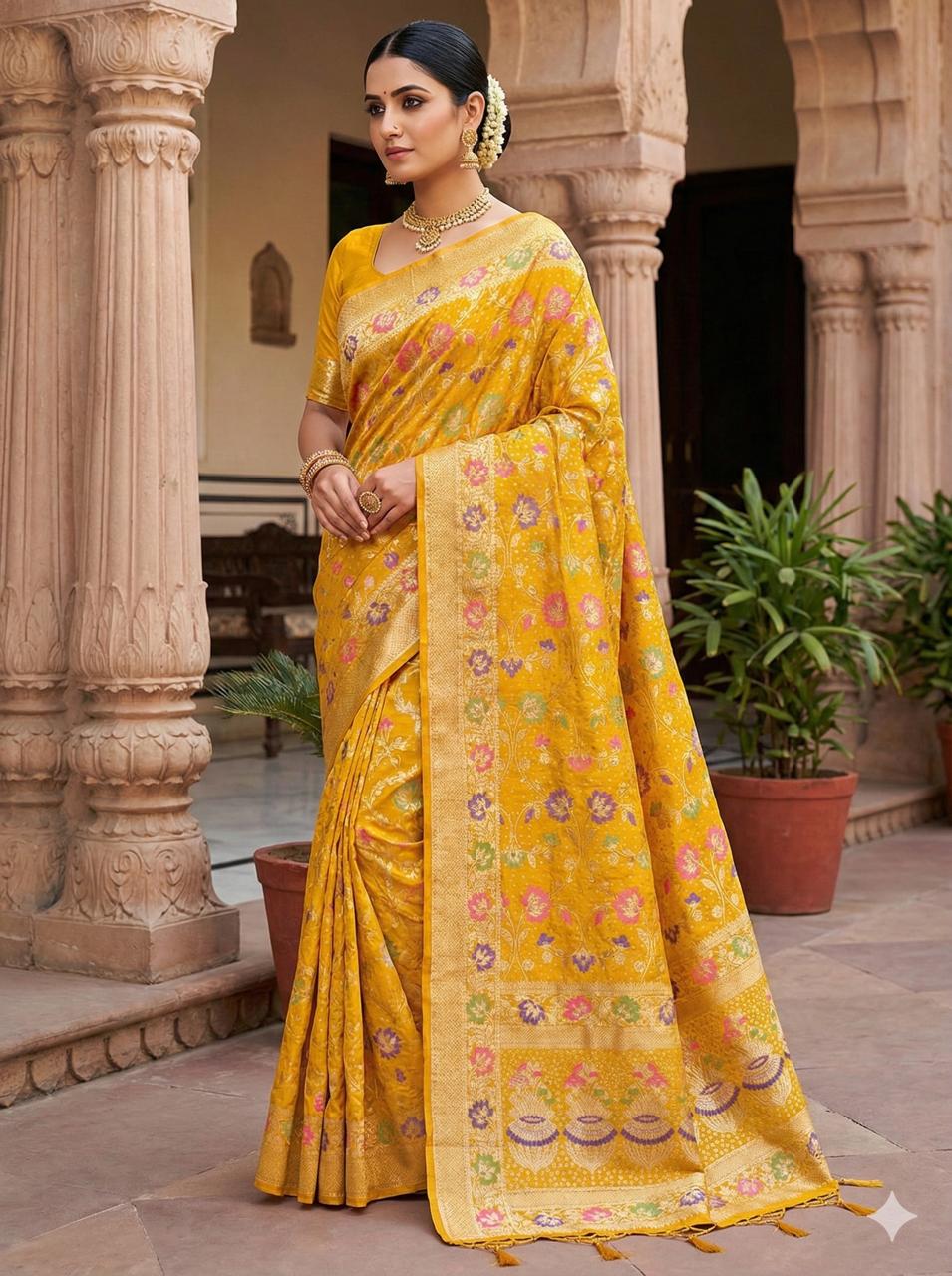 Yellow Banarasi Silk Zari Work All Over Saree