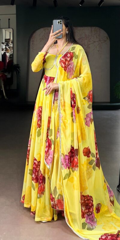 YNF 5103 Yellow Lace Work Gown in Chiffon. Get it for βΉ1899. Wedding, Party, Festive, Events Delivery 4-6 Working Days. Shop now. | Gowns, Bollywood Gowns, Creative Gowns, Designer Gowns, Embroidered Gowns, Party Wear Gowns