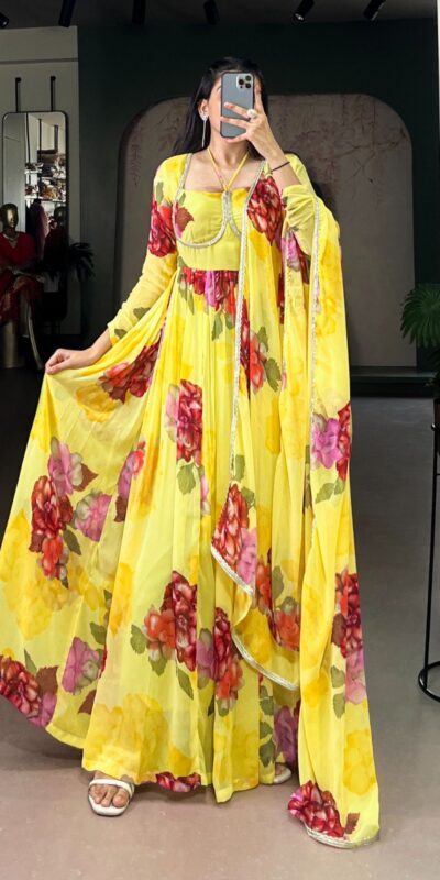 YNF 5103 Yellow Lace Work Gown in Chiffon. Get it for ₹1899. Wedding, Party, Festive, Events Delivery 4-6 Working Days. Shop now. | Gowns, Bollywood Gowns, Creative Gowns, Designer Gowns, Embroidered Gowns, Party Wear Gowns