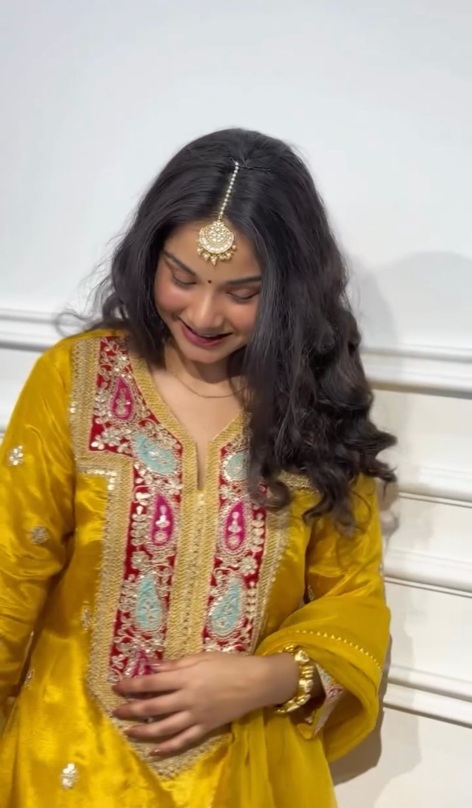 Yellow Chinon Silk With Lace Work Salwar Suit - Image 2