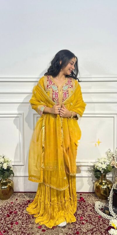 Yellow Chinon Silk With Lace Work Salwar Suit