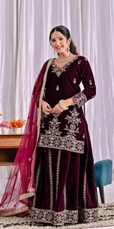 ND 5052 Maroon Viscous Velvet Salwar Suit Perfect for Wedding, Party, Reception, Eid, Temple Visit – . Introductory Price ₹2149. Delivery 4-6 Working | Jump Suits, Salwar suit, Casual Suits, Creative suits, Designer Suits, Palazzo Suits, Party Wear Suits, Patiala Suits, Straight Suits
