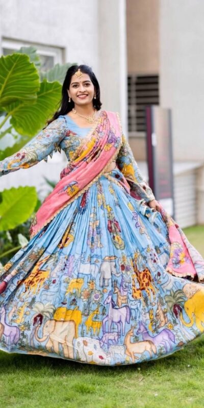PC 546 Blue in Cotton. Kalamkari Print Lehenga Choli Wedding, Party, Festive, Events, Now at just ₹2099. Delivery 4-6 Working Days. Shop now. | Lehenga, Bollywood Lehenga, Creative Lehenga, Designer Lehenga, Embroidered Lehenga, Party Wear Lehenga