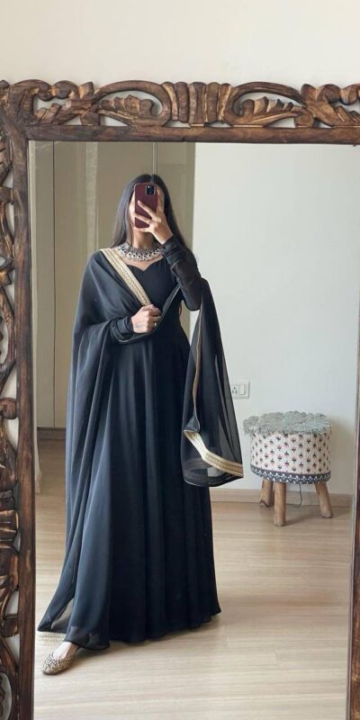 FB L226 Black Faux Georgette Gown Perfect for Wedding, Party, Makar Sankranti, Karwa Chauth, Ethnic Day – . Now at just ₹1799. Delivery 4-6 Working D | Gowns, Bollywood Gowns, Creative Gowns, Designer Gowns, Embroidered Gowns, Party Wear Gowns
