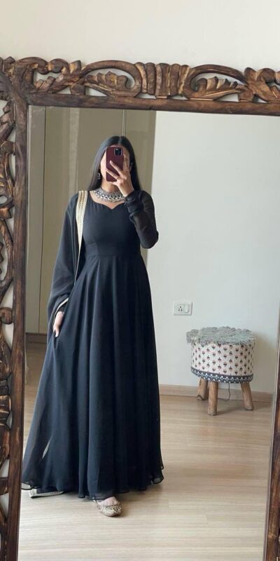 FB L226 Black Faux Georgette Gown Perfect for Wedding, Party, Makar Sankranti, Karwa Chauth, Ethnic Day – . Now at just ₹1799. Delivery 4-6 Working D | Gowns, Bollywood Gowns, Creative Gowns, Designer Gowns, Embroidered Gowns, Party Wear Gowns