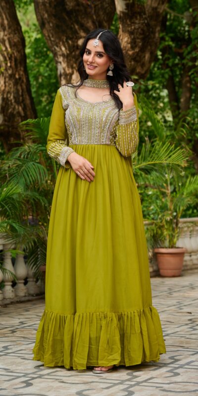 KA 1151 Green Faux Georgette Gown Perfect for Wedding, Party, Makar Sankranti, Karwa Chauth, Ethnic Day – . Now at just ₹2399. Delivery 4-6 Working D | Gowns, Bollywood Gowns, Creative Gowns, Designer Gowns, Embroidered Gowns, Party Wear Gowns