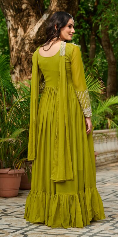 KA 1151 Green Faux Georgette Gown Perfect for Wedding, Party, Makar Sankranti, Karwa Chauth, Ethnic Day – . Now at just ₹2399. Delivery 4-6 Working D | Gowns, Bollywood Gowns, Creative Gowns, Designer Gowns, Embroidered Gowns, Party Wear Gowns