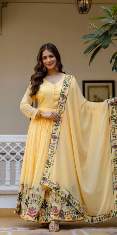 RR 41 Yellow Faux Georgette Gown Perfect for Wedding, Party, Makar Sankranti, Karwa Chauth, Ethnic Day – . Now at just ₹2599. Delivery 4-6 Working D | Gowns, Bollywood Gowns, Creative Gowns, Designer Gowns, Embroidered Gowns, Party Wear Gowns