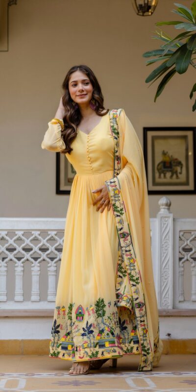 RR 41 Yellow Faux Georgette Gown Perfect for Wedding, Party, Makar Sankranti, Karwa Chauth, Ethnic Day – . Now at just ₹2599. Delivery 4-6 Working D | Gowns, Bollywood Gowns, Creative Gowns, Designer Gowns, Embroidered Gowns, Party Wear Gowns
