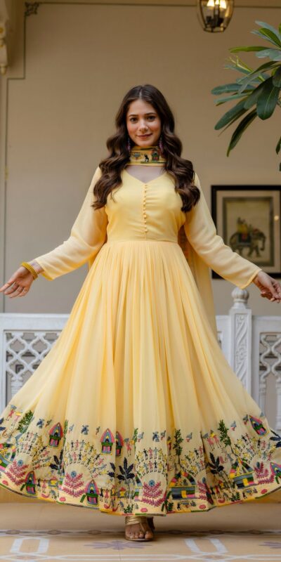 RR 41 Yellow Faux Georgette Gown Perfect for Wedding, Party, Makar Sankranti, Karwa Chauth, Ethnic Day – . Now at just ₹2599. Delivery 4-6 Working D | Gowns, Bollywood Gowns, Creative Gowns, Designer Gowns, Embroidered Gowns, Party Wear Gowns