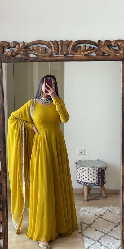 FB L226 Yellow Faux Georgette Gown Perfect for Wedding, Party, Makar Sankranti, Karwa Chauth, Ethnic Day – . Now at just ₹1799. Delivery 4-6 Working D | Gowns, Bollywood Gowns, Creative Gowns, Designer Gowns, Embroidered Gowns, Party Wear Gowns