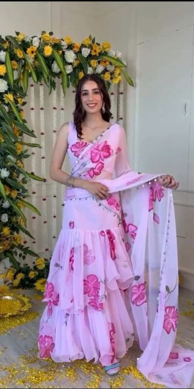 Baby Pink Premium Faux Georgette Saree BD 1805 Baby Pink with Digital Print. Now at just ₹2049. Delivery 4-6 Working Days. Shop now. | Sarees, Bollywood Sarees, Creative Sarees, Designer Sarees, Embroidered Sarees, Ethnic Saree, Modern Digital sarees, Party Wear Sarees