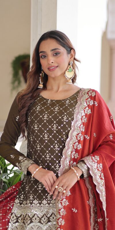 KA 1226 Brown Vichitra Silk Salwar Suit with Zari Work & Embroidery Work. Introductory Price ₹2649. Delivery 4-6 Working Days. Shop now. | Jump Suits, Salwar suit, Casual Suits, Creative suits, Designer Suits, Palazzo Suits, Party Wear Suits, Patiala Suits, Straight Suits