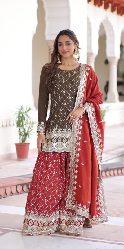 KA 1226 Brown Vichitra Silk Salwar Suit with Zari Work & Embroidery Work. Introductory Price ₹2649. Delivery 4-6 Working Days. Shop now. | Jump Suits, Salwar suit, Casual Suits, Creative suits, Designer Suits, Palazzo Suits, Party Wear Suits, Patiala Suits, Straight Suits