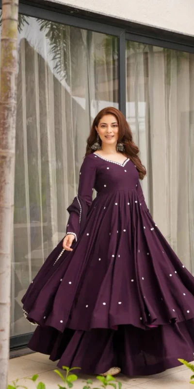 MD 3077 Dark Purple Roman Silk Anarkali Suit. Perfect for Wedding, Party, Lohri, Holi, Baisakhi – Festive Deal ₹2449. Delivery 4-6 Working Days. | Anarkali Suits, Bollywood Anarkali, Creative-Anarkali, Designer Anarkali, Embroidered Anarkali, Party Wear Anarkali