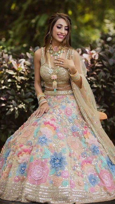 KF 1432 Cream | Color Georgette Lehenga Choli with Embroidery Work. Available at ₹3099 only. Delivery 4-6 Working Days. Shop now. | Lehenga, Bollywood Lehenga, Creative Lehenga, Designer Lehenga, Embroidered Lehenga, Party Wear Lehenga