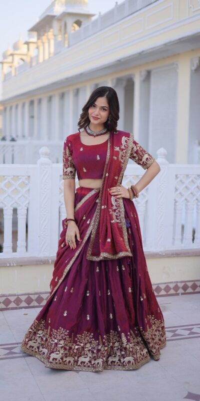 KA 5067 Maroon in Fendi Silk Embroidery Work & Zari Work Lehenga Choli . Affordable Price ₹3049. Delivery 4-6 Working Days. Shop now. | Lehenga, Bollywood Lehenga, Creative Lehenga, Designer Lehenga, Embroidered Lehenga, Party Wear Lehenga