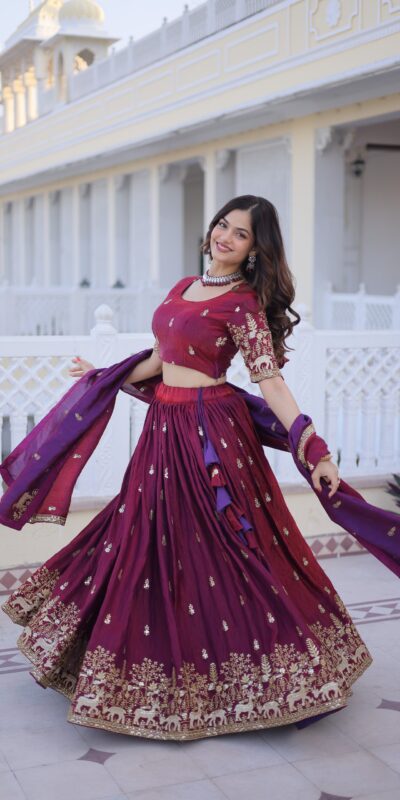 KA 5067 Maroon in Fendi Silk Embroidery Work & Zari Work Lehenga Choli . Affordable Price ₹3049. Delivery 4-6 Working Days. Shop now. | Lehenga, Bollywood Lehenga, Creative Lehenga, Designer Lehenga, Embroidered Lehenga, Party Wear Lehenga