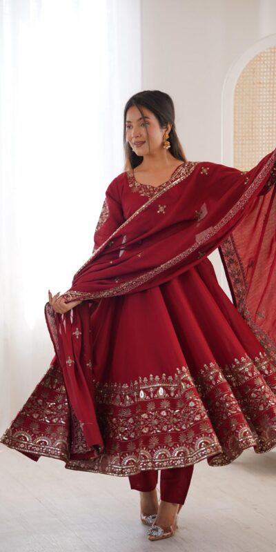 ZF 5016 Maroon Roman Silk Gown with Embroidery Work. Wedding, Party, Festive, Events, Navratri, Exclusive Offer ₹2499. Delivery 4-6 Working Days. Shop now. | Gowns, Bollywood Gowns, Creative Gowns, Designer Gowns, Embroidered Gowns, Party Wear Gowns