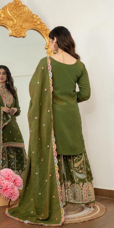 WW 6007 Mehendi Vichitra Silk Salwar Suit with Embroidery Work. Wedding, Party, Festive, Events, Grab it for ₹2599. Delivery 4-6 Working Days. Shop now. | Jump Suits, Salwar suit, Casual Suits, Creative suits, Designer Suits, Palazzo Suits, Party Wear Suits, Patiala Suits, Straight Suits