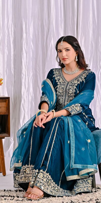 ND 5053 Navy Blue Viscous Velvet Salwar Suit with Embroidery Work. Grab it for ₹2449. Delivery 4-6 Working Days. Shop now. | Jump Suits, Salwar suit, Casual Suits, Creative suits, Designer Suits, Palazzo Suits, Party Wear Suits, Patiala Suits, Straight Suits