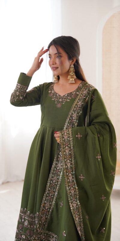 ZF 5016 Mehendi Roman Silk Gown with Embroidery Work. Wedding, Party, Festive, Events, Navratri, Exclusive Offer ₹2499. Delivery 4-6 Working Days. Shop now. | Gowns, Bollywood Gowns, Creative Gowns, Designer Gowns, Embroidered Gowns, Party Wear Gowns