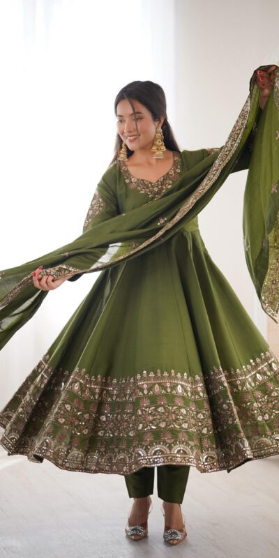 ZF 5016 Mehendi Roman Silk Gown with Embroidery Work. Wedding, Party, Festive, Events, Navratri, Exclusive Offer ₹2499. Delivery 4-6 Working Days. Shop now. | Gowns, Bollywood Gowns, Creative Gowns, Designer Gowns, Embroidered Gowns, Party Wear Gowns