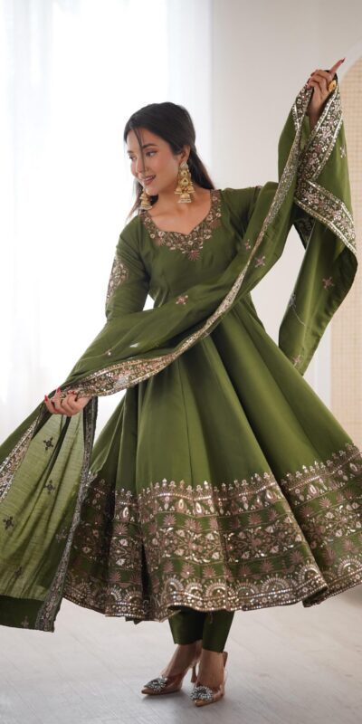 ZF 5016 Mehendi Roman Silk Gown with Embroidery Work. Wedding, Party, Festive, Events, Navratri, Exclusive Offer ₹2499. Delivery 4-6 Working Days. Shop now. | Gowns, Bollywood Gowns, Creative Gowns, Designer Gowns, Embroidered Gowns, Party Wear Gowns