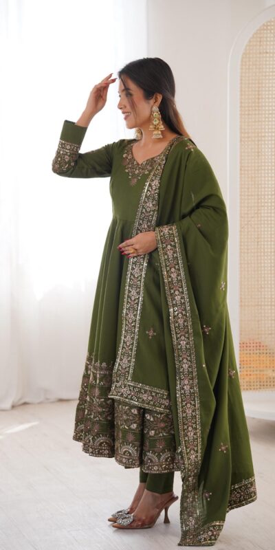 ZF 5016 Mehendi Roman Silk Gown with Embroidery Work. Wedding, Party, Festive, Events, Navratri, Exclusive Offer ₹2499. Delivery 4-6 Working Days. Shop now. | Gowns, Bollywood Gowns, Creative Gowns, Designer Gowns, Embroidered Gowns, Party Wear Gowns