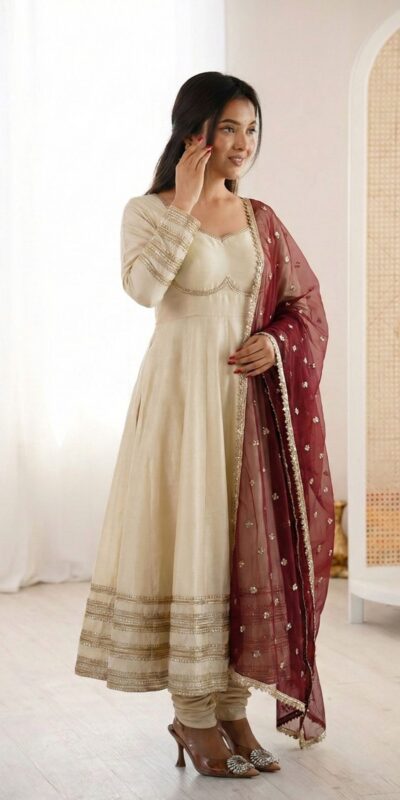 ZF 5017 Off White Cosmos Gold Gown with Embroidery Work & Lace Work. Get it for ₹2099. Delivery 4-6 Working Days. Shop now. | Gowns, Bollywood Gowns, Creative Gowns, Designer Gowns, Embroidered Gowns, Party Wear Gowns