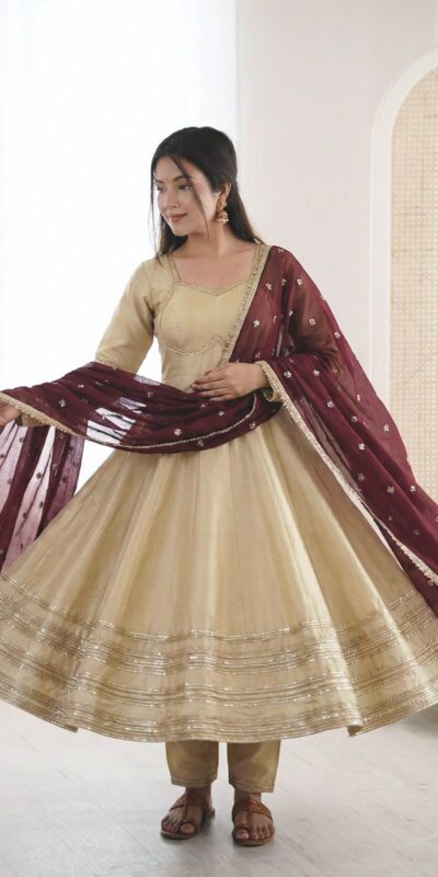 ZF 5017 Off White Cosmos Gold Gown with Embroidery Work & Lace Work. Get it for ₹2099. Delivery 4-6 Working Days. Shop now. | Gowns, Bollywood Gowns, Creative Gowns, Designer Gowns, Embroidered Gowns, Party Wear Gowns