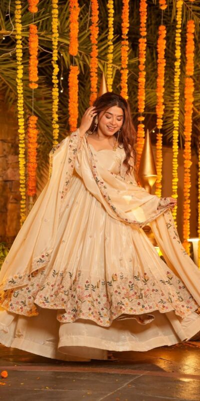 NF 1264 Off White Natural Crap Silk Anarkali Suit with Embroidery Work. Available at ₹3049 only. Delivery 4-6 Working Days. Shop now. | Anarkali Suits, Bollywood Anarkali, Creative-Anarkali, Designer Anarkali, Embroidered Anarkali, Party Wear Anarkali