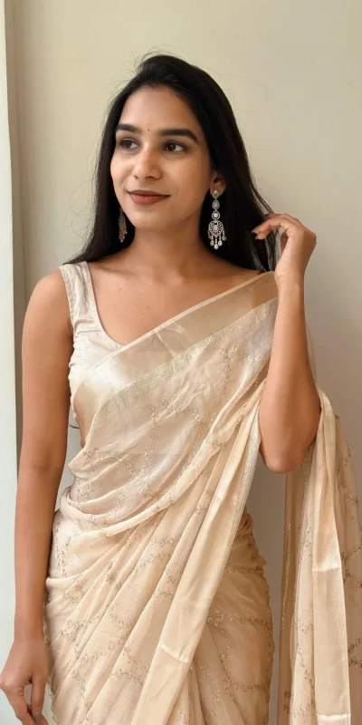 MS 505 Off White Viscose Satin Saree with Sequins Work & Embroidery Work. Special Price ₹1599. Delivery 4-6 Working Days. Shop now. | Sarees, Bollywood Sarees, Creative Sarees, Designer Sarees, Embroidered Sarees, Ethnic Saree, Modern Digital sarees, Party Wear Sarees