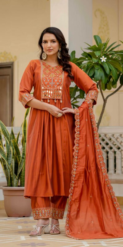 DIVA 126 Orange Viscose Roman Silk Anarkali Suit with Mirror Work & Embroidery Work. Affordable Price ₹2049. Delivery 4-6 Working Days. Shop now. | Anarkali Suits, Bollywood Anarkali, Creative-Anarkali, Designer Anarkali, Embroidered Anarkali, Party Wear Anarkali