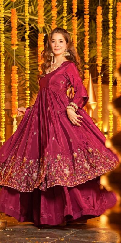 NF 1264 Red Natural Crap Silk Anarkali Suit with Embroidery Work. Available at ₹3049 only. Delivery 4-6 Working Days. Shop now. | Anarkali Suits, Bollywood Anarkali, Creative-Anarkali, Designer Anarkali, Embroidered Anarkali, Party Wear Anarkali