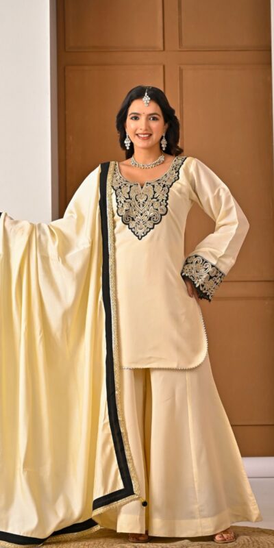 MD 3079 Cream Color Roman Silk Salwar Suit with Embroidery Work. Available at ₹2499 only. Delivery 4-6 Working Days. Shop now. | Jump Suits, Salwar suit, Casual Suits, Creative suits, Designer Suits, Palazzo Suits, Party Wear Suits, Patiala Suits, Straight Suits