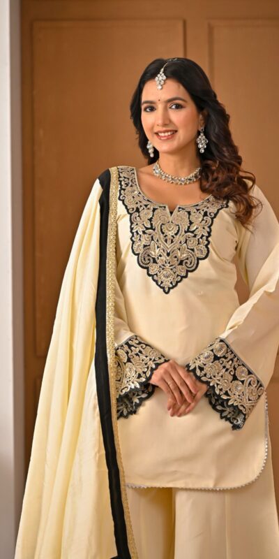 MD 3079 Cream Color Roman Silk Salwar Suit with Embroidery Work. Available at ₹2499 only. Delivery 4-6 Working Days. Shop now. | Jump Suits, Salwar suit, Casual Suits, Creative suits, Designer Suits, Palazzo Suits, Party Wear Suits, Patiala Suits, Straight Suits