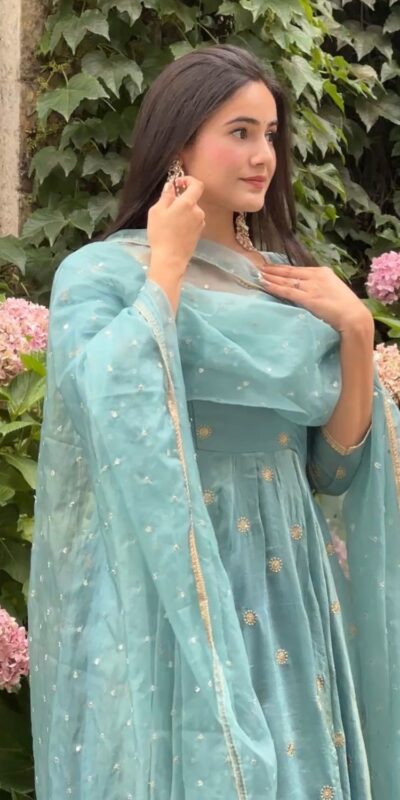 SSR 524 Sky Blue Color Vichitra silk Gown with Bead Work & Lace Work. Now at just ₹1999. Delivery 4-6 Working Days. Shop now. | Gowns, Bollywood Gowns, Creative Gowns, Designer Gowns, Embroidered Gowns, Party Wear Gowns