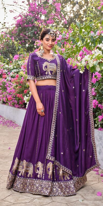 Ram 165 Dark Purple in Color Vichitra Silk Embroidery Work Lehenga Choli . Now at just ₹2599. Delivery 4-6 Working Days. Shop now. | Lehenga, Bollywood Lehenga, Creative Lehenga, Designer Lehenga, Embroidered Lehenga, Party Wear Lehenga