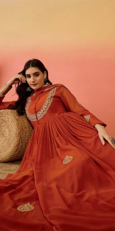 ZF 501 Rust Color Fox Blooming Georgette Gown with Lace Work. Affordable Price ₹2149. Delivery 4-6 Working Days. Shop now. | Gowns, Bollywood Gowns, Creative Gowns, Designer Gowns, Embroidered Gowns, Party Wear Gowns