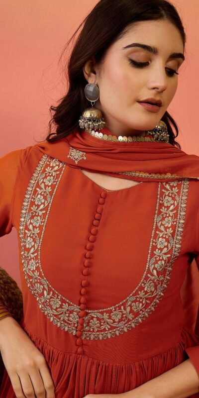 ZF 501 Rust Color Fox Blooming Georgette Gown with Lace Work. Affordable Price ₹2149. Delivery 4-6 Working Days. Shop now. | Gowns, Bollywood Gowns, Creative Gowns, Designer Gowns, Embroidered Gowns, Party Wear Gowns