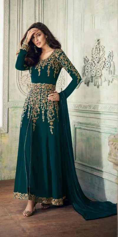 Teal Georgette With Coding Embroidery Work Salwar Suit