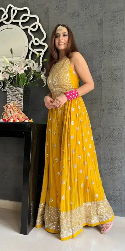 NSR 555 Yellow Jumpsuit : Heavy Faux Georgette Work : Heavy Embroidery With Sequin Work Flair : Each Leg 1.5 M Casual, Party @1699/- | Jump Suits, Salwar suit, Casual Suits, Creative suits, Designer Suits, Palazzo Suits, Party Wear Suits, Straight Suits