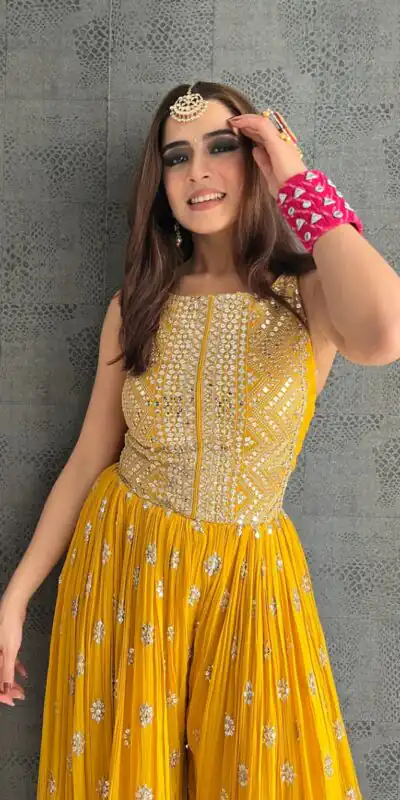 NSR 555 Yellow Jumpsuit : Heavy Faux Georgette Work : Heavy Embroidery With Sequin Work Flair : Each Leg 1.5 M Casual, Party @1699/- | Jump Suits, Salwar suit, Casual Suits, Creative suits, Designer Suits, Palazzo Suits, Party Wear Suits, Straight Suits